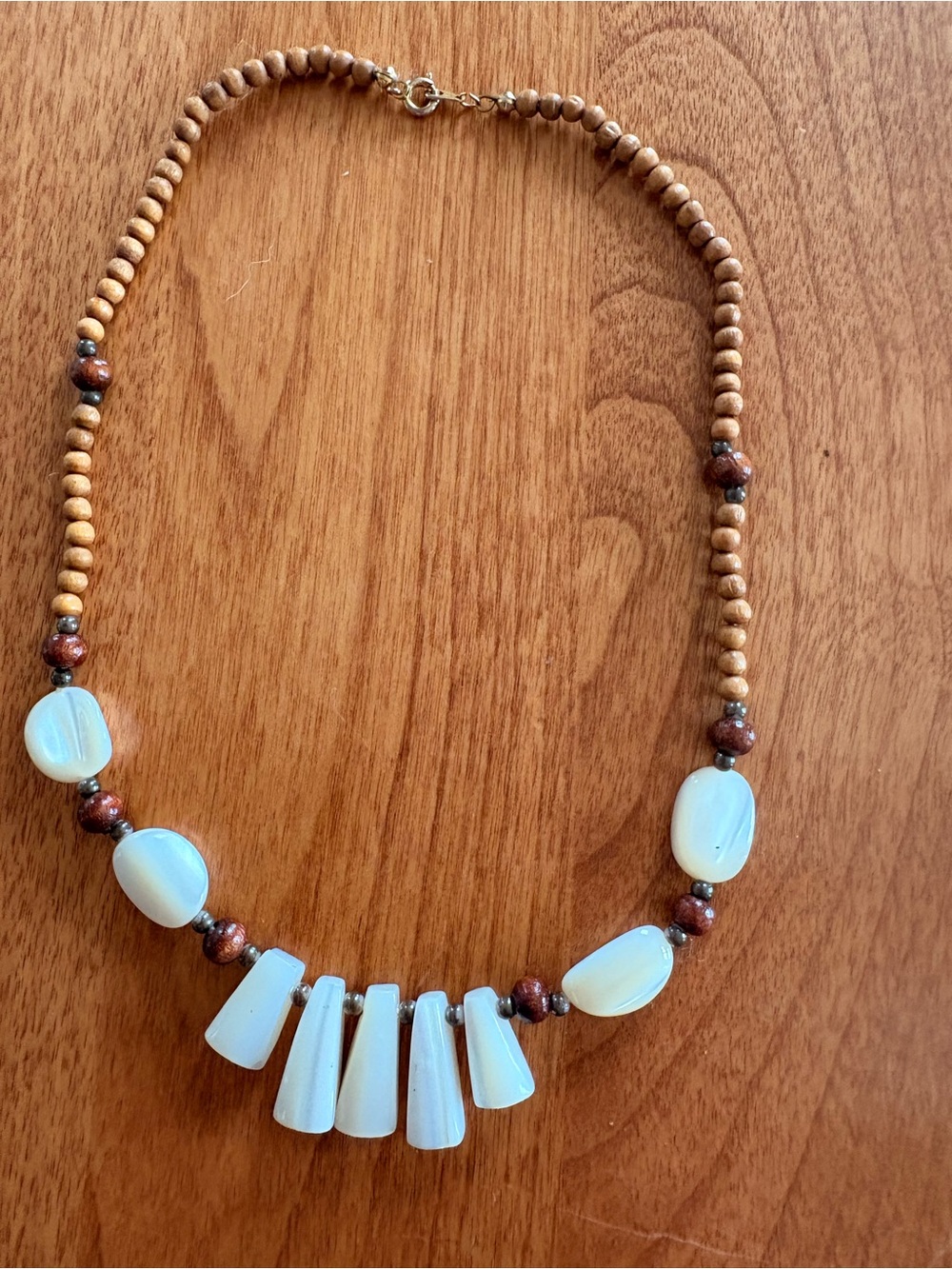 Mother-of-Pearl White Beaded Pendant Necklace with Wood beads - Unbranded